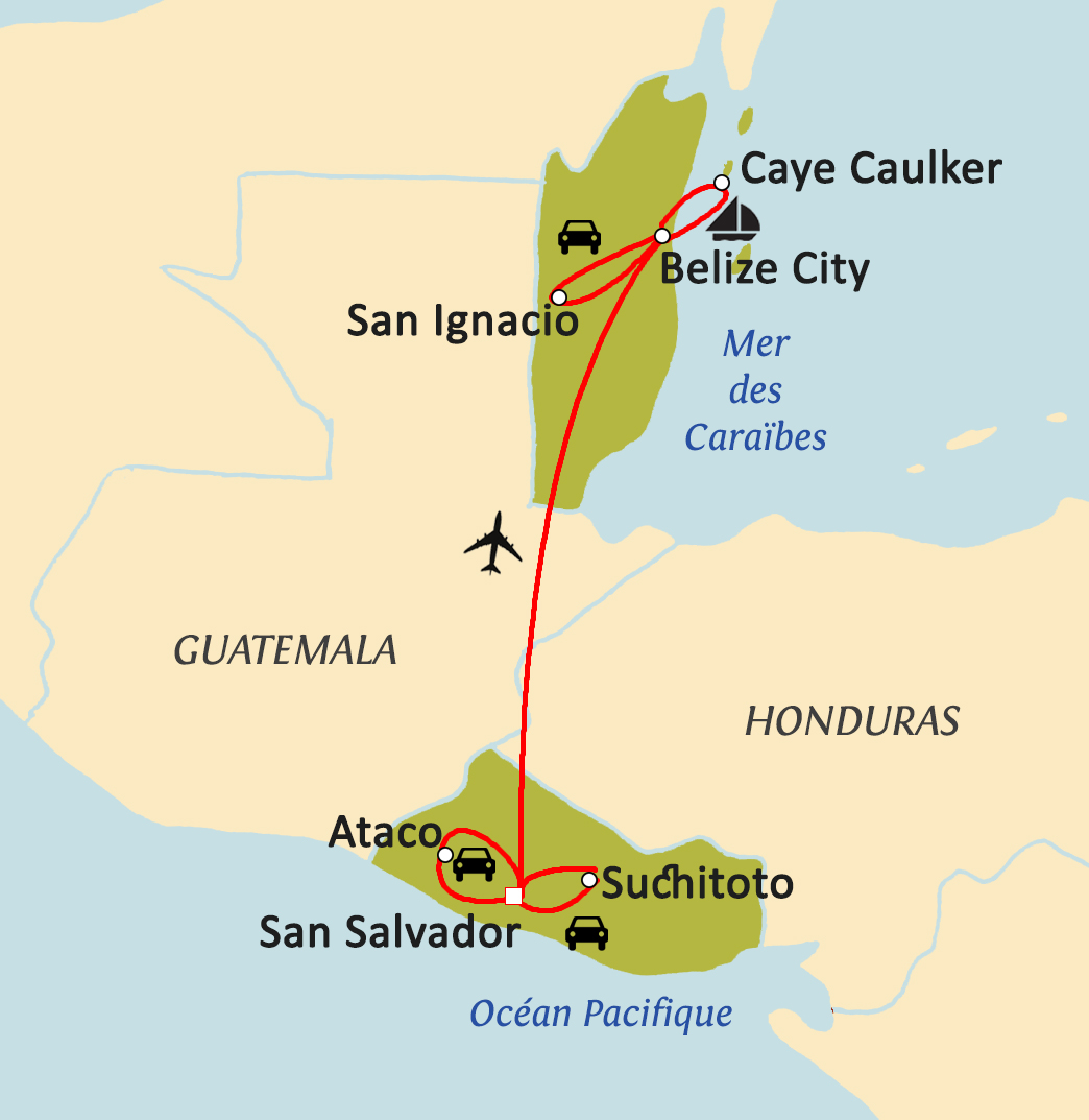 Carte du circuit Salvador - Belize, du Pacifique aux Caraïbes