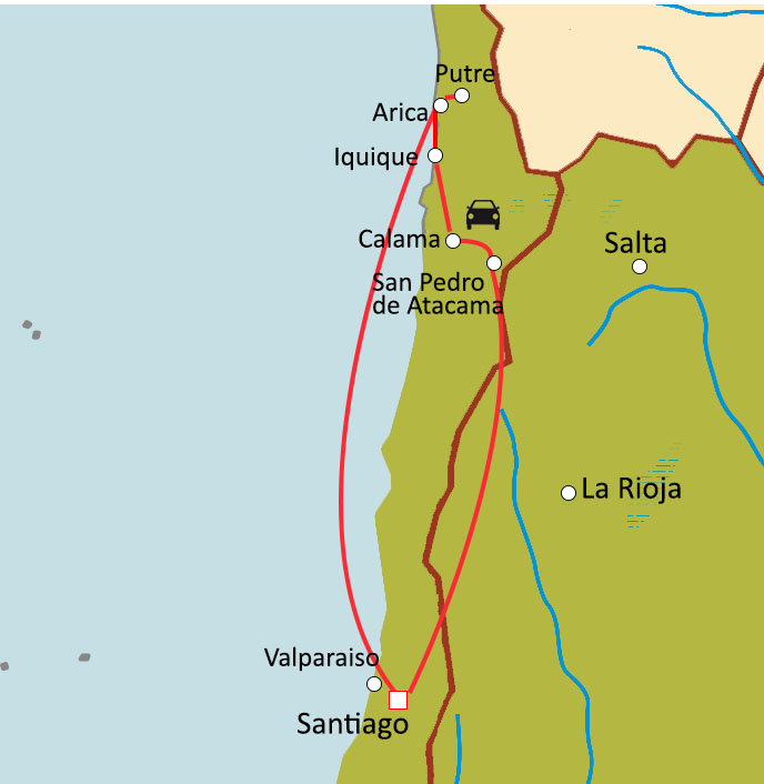 Carte du circuit Voyage Nord Chili : entre déserts et geysers