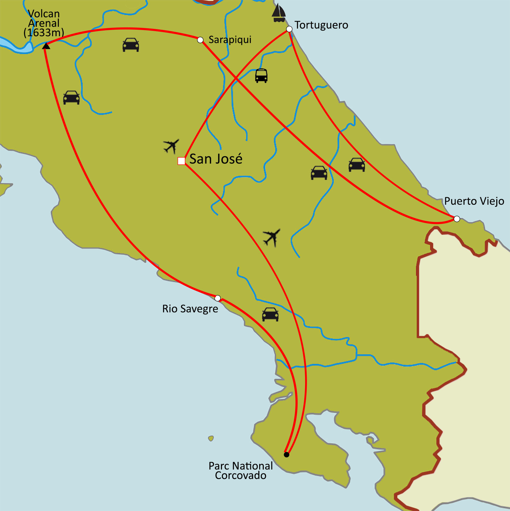 Carte du circuit Lune de miel confidentielle au Costa Rica