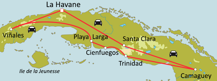 Carte du circuit Cuba avec chauffeur/guide francophone