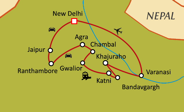 Carte du circuit De la jungle de Kipling au bord du Gange