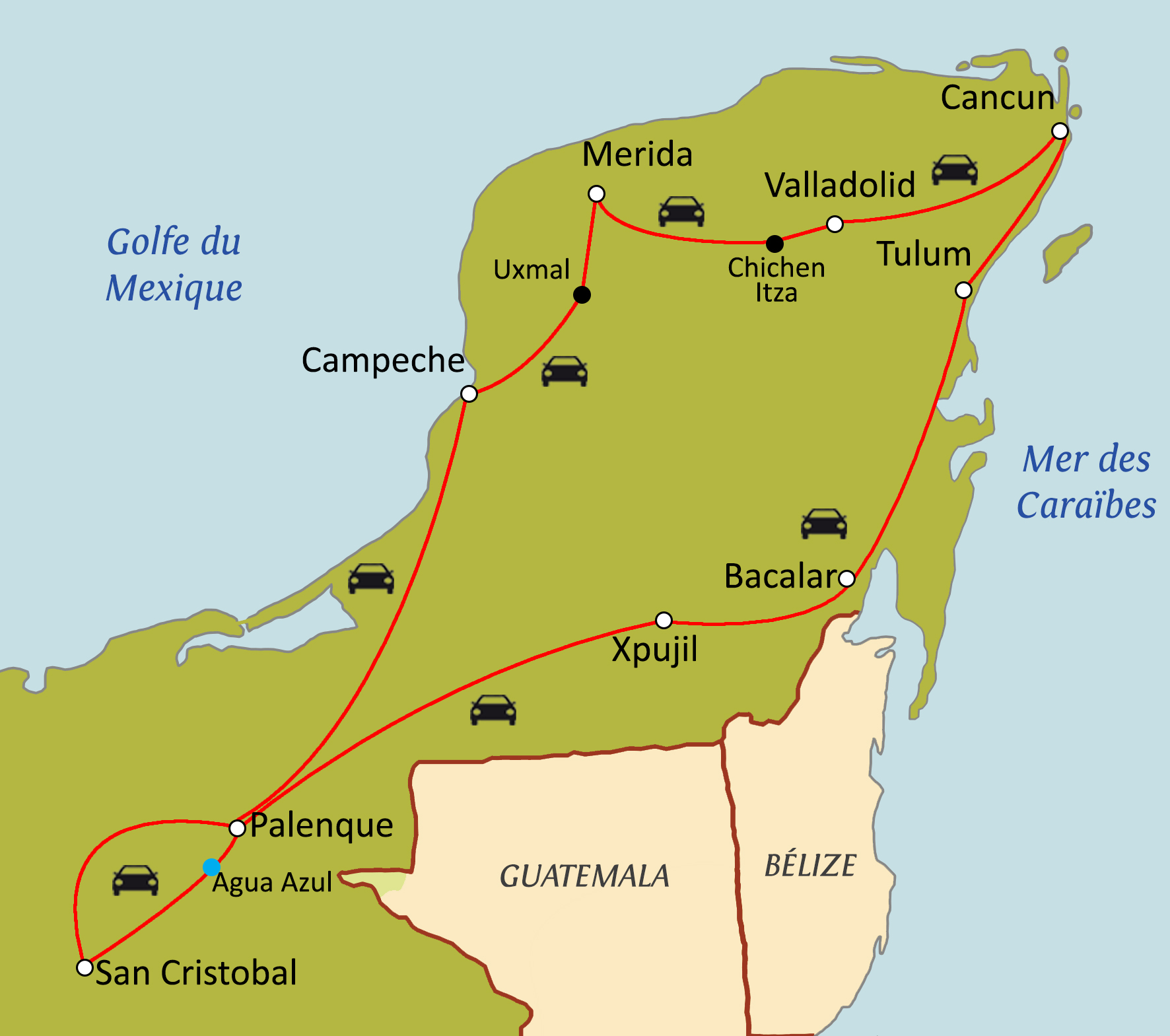Carte du circuit Aventure maya avec chauffeur