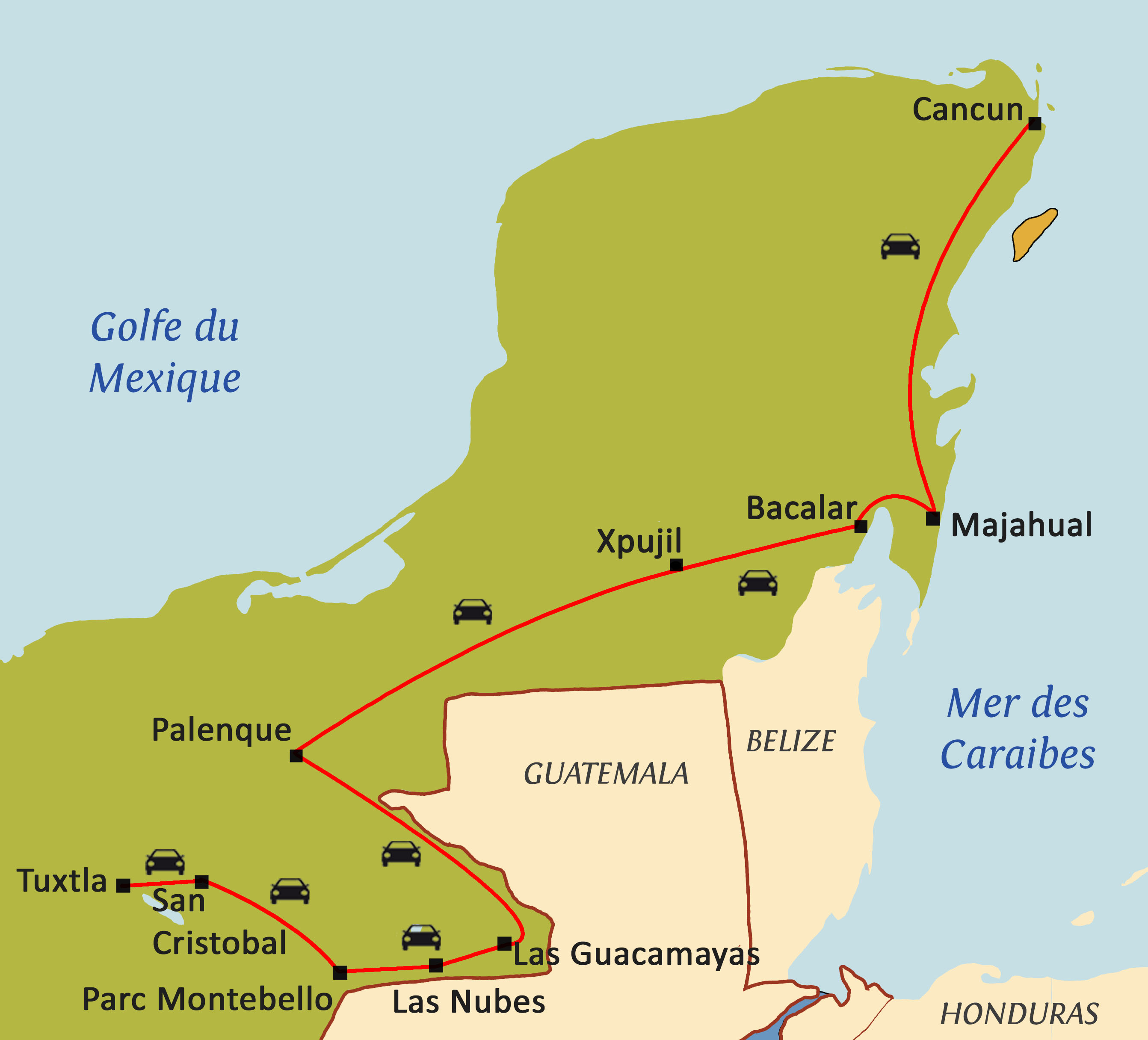 Carte du circuit Chiapas et Yucatan : jungle et civilisation Maya